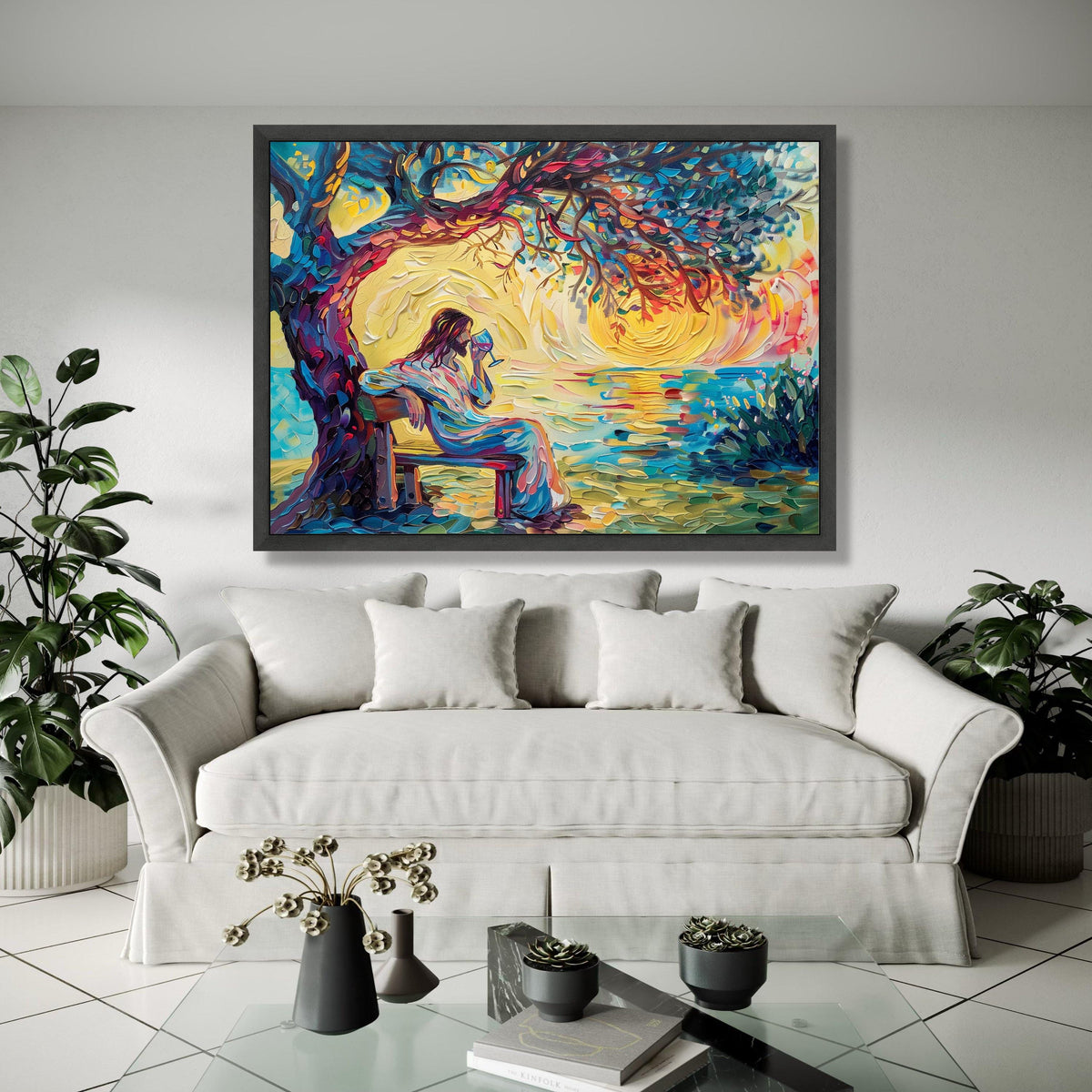 Jesus by the Water Canvas, Abstract Religious Wall Art, Colorful Spiritual Painting, Christian Home Decor, Gift Art, Home Decor, Print