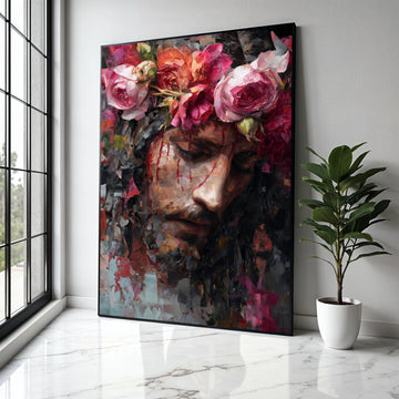 Jesus with Crown of Roses Canvas Wall Art, Inspirational Religious Portrait, Modern Christian Painting, Gift Art, Home Decor, Print