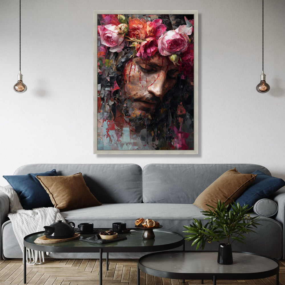 Jesus with Crown of Roses Canvas Wall Art, Inspirational Religious Portrait, Modern Christian Painting, Gift Art, Home Decor, Print