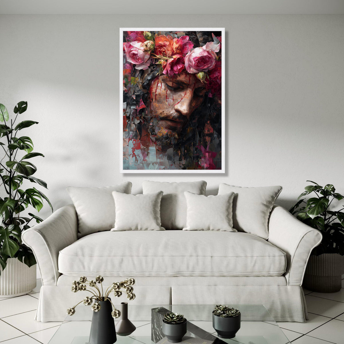 Jesus with Crown of Roses Canvas Wall Art, Inspirational Religious Portrait, Modern Christian Painting, Gift Art, Home Decor, Print