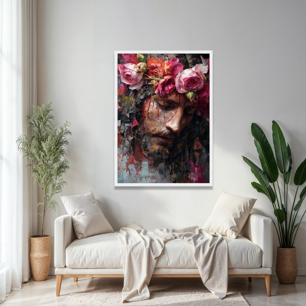 Jesus with Crown of Roses Canvas Wall Art, Inspirational Religious Portrait, Modern Christian Painting, Gift Art, Home Decor, Print
