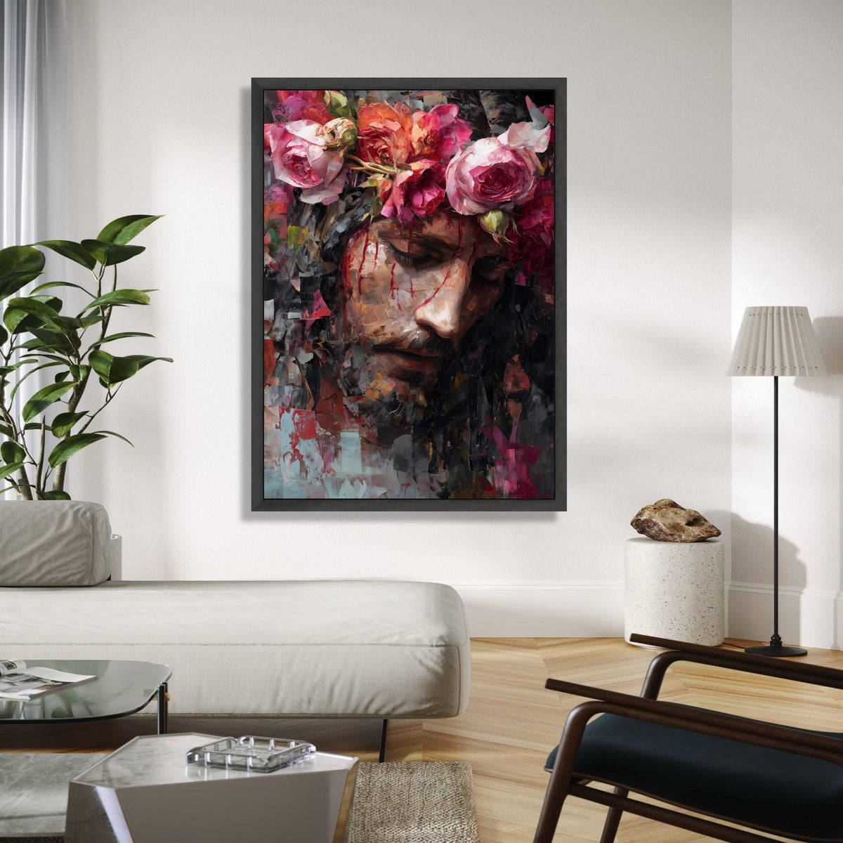Jesus with Crown of Roses Canvas Wall Art, Inspirational Religious Portrait, Modern Christian Painting, Gift Art, Home Decor, Print