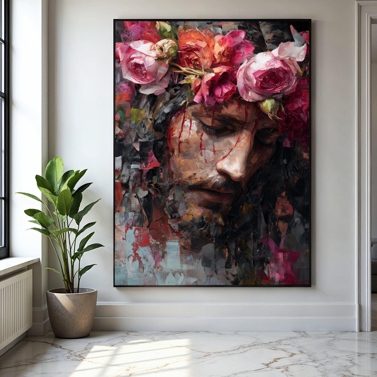 Jesus with Crown of Roses Canvas Wall Art, Inspirational Religious Portrait, Modern Christian Painting, Gift Art, Home Decor, Print