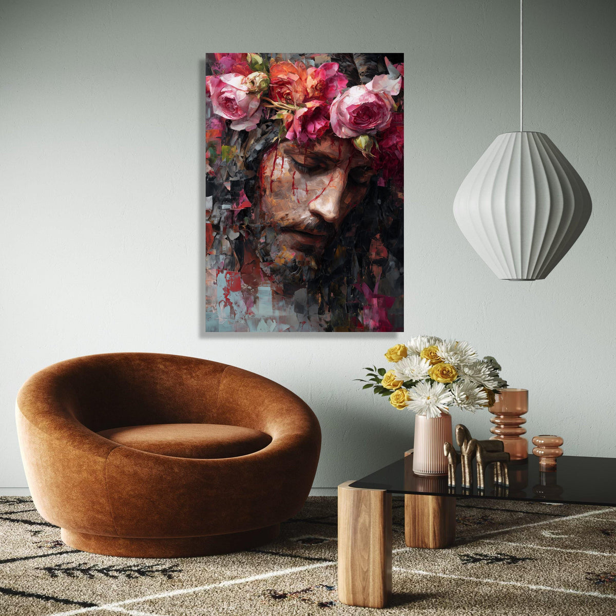 Jesus with Crown of Roses Canvas Wall Art, Inspirational Religious Portrait, Modern Christian Painting, Gift Art, Home Decor, Print