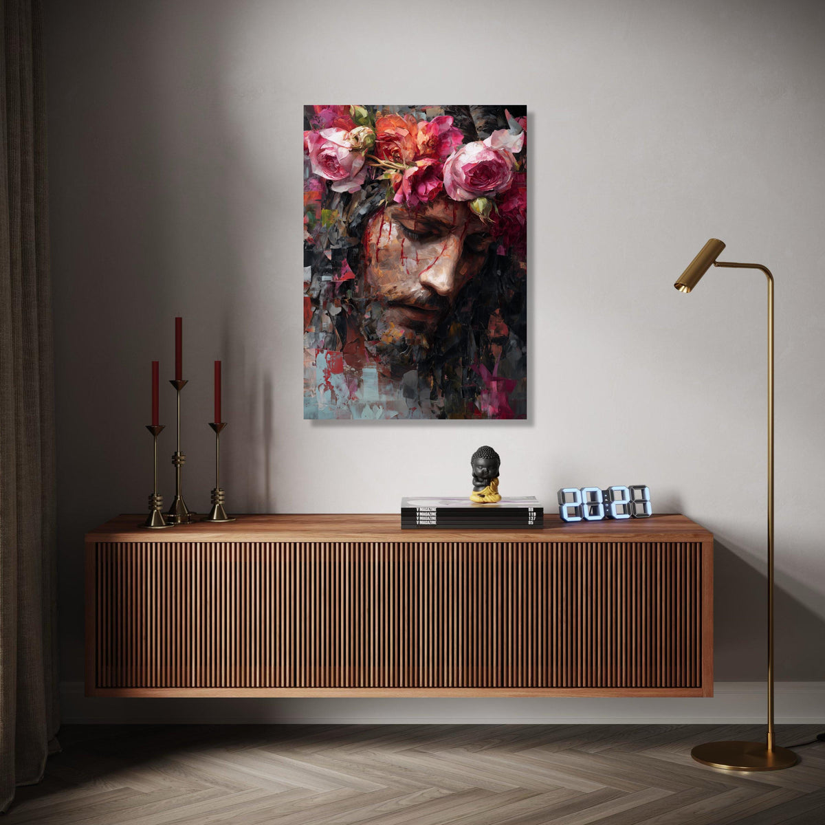 Jesus with Crown of Roses Canvas Wall Art, Inspirational Religious Portrait, Modern Christian Painting, Gift Art, Home Decor, Print