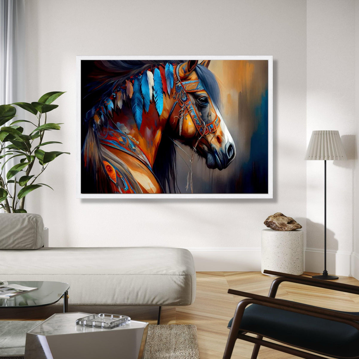 Majestic Native American Horse Canvas, Colorful Feathers Wall Art, Tribal Spirit Animal Painting, Boho Home Gift Art, Home Decor, Print