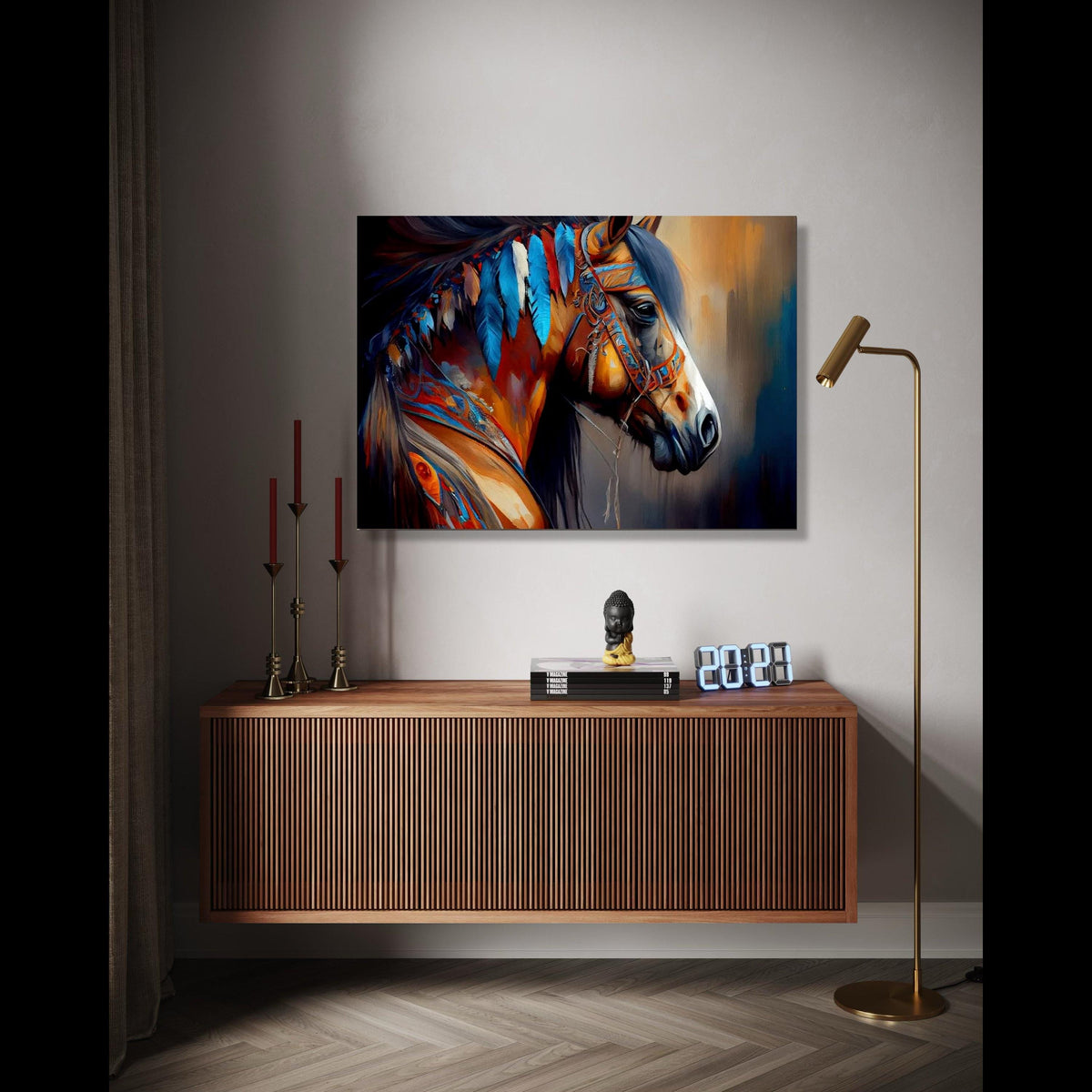 Majestic Native American Horse Canvas, Colorful Feathers Wall Art, Tribal Spirit Animal Painting, Boho Home Gift Art, Home Decor, Print