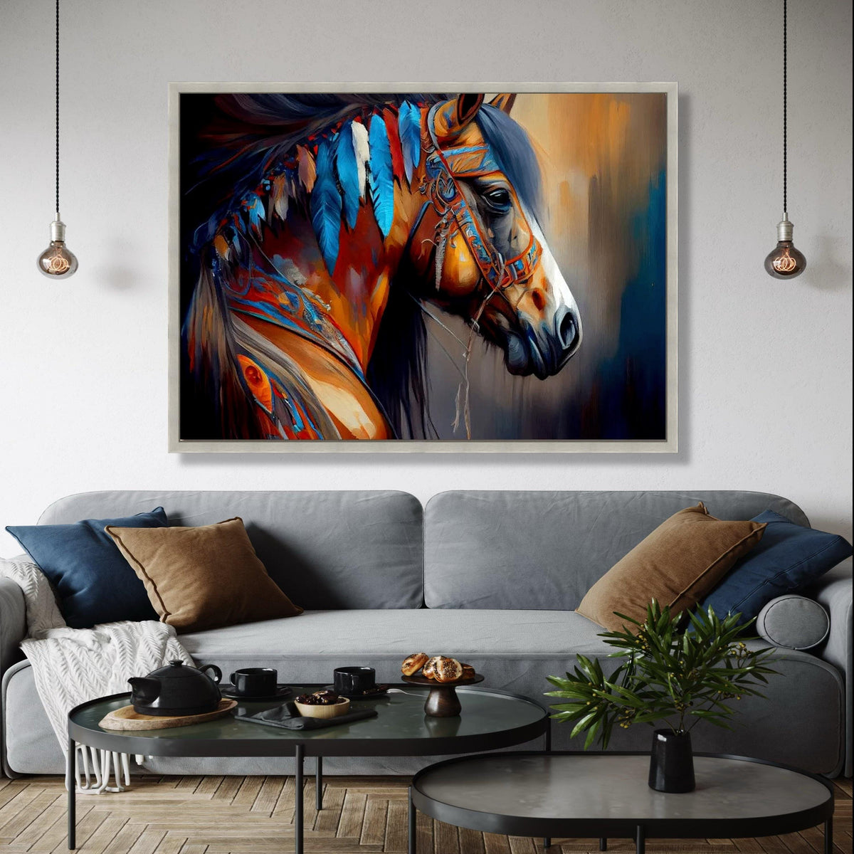 Majestic Native American Horse Canvas, Colorful Feathers Wall Art, Tribal Spirit Animal Painting, Boho Home Gift Art, Home Decor, Print