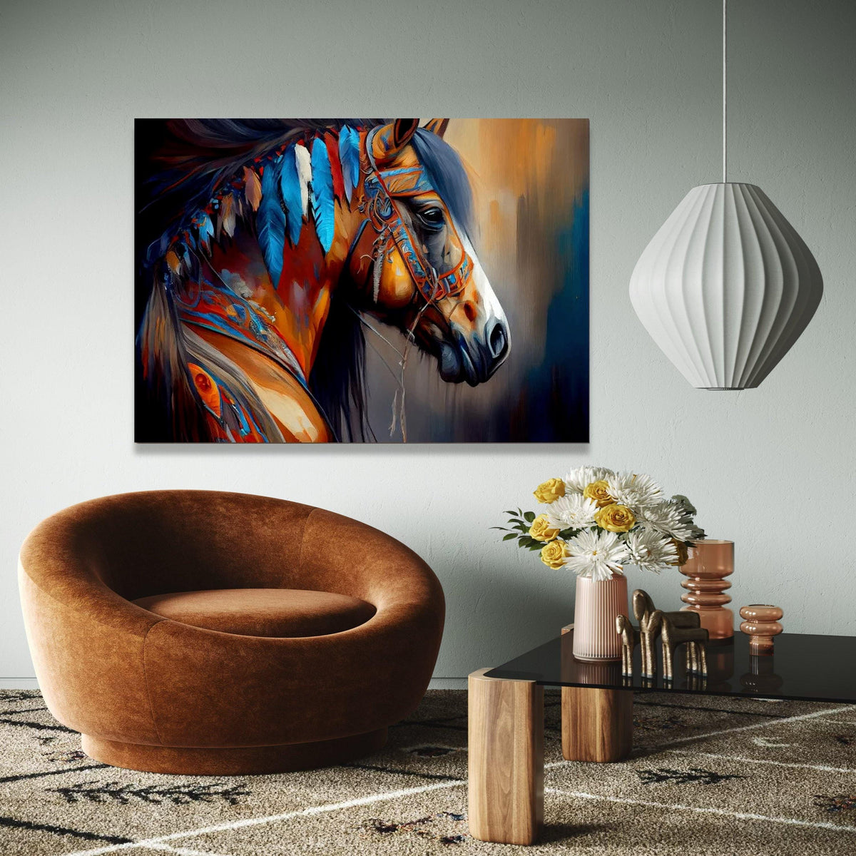 Majestic Native American Horse Canvas, Colorful Feathers Wall Art, Tribal Spirit Animal Painting, Boho Home Gift Art, Home Decor, Print