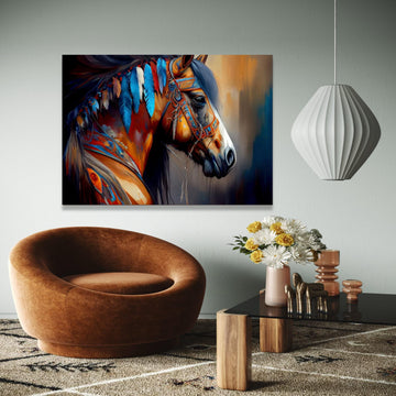 Majestic Native American Horse Canvas, Colorful Feathers Wall Art, Tribal Spirit Animal Painting, Boho Home Gift Art, Home Decor, Print