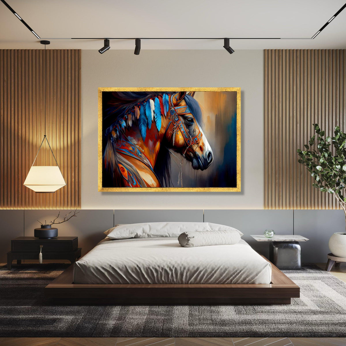 Majestic Native American Horse Canvas, Colorful Feathers Wall Art, Tribal Spirit Animal Painting, Boho Home Gift Art, Home Decor, Print
