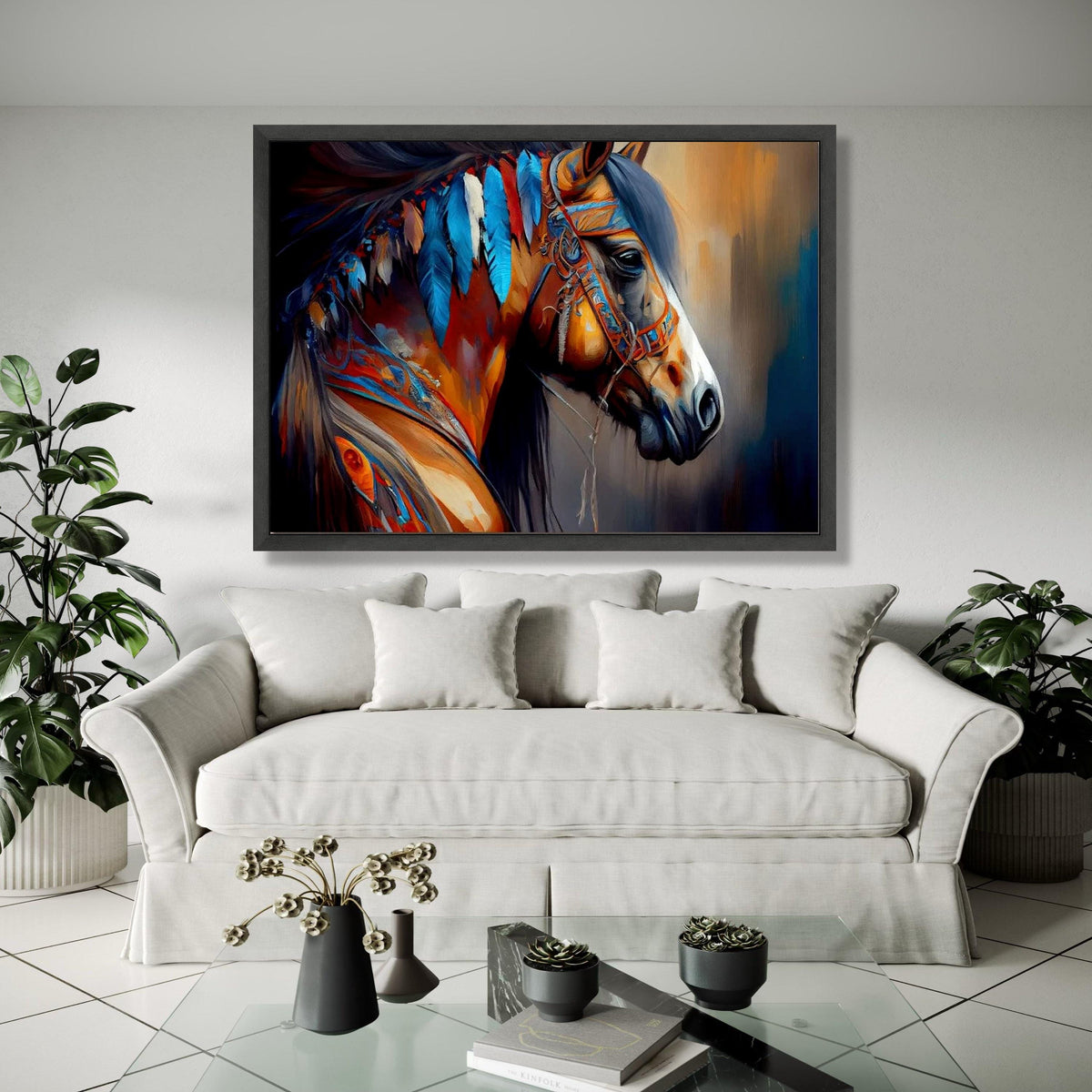 Majestic Native American Horse Canvas, Colorful Feathers Wall Art, Tribal Spirit Animal Painting, Boho Home Gift Art, Home Decor, Print