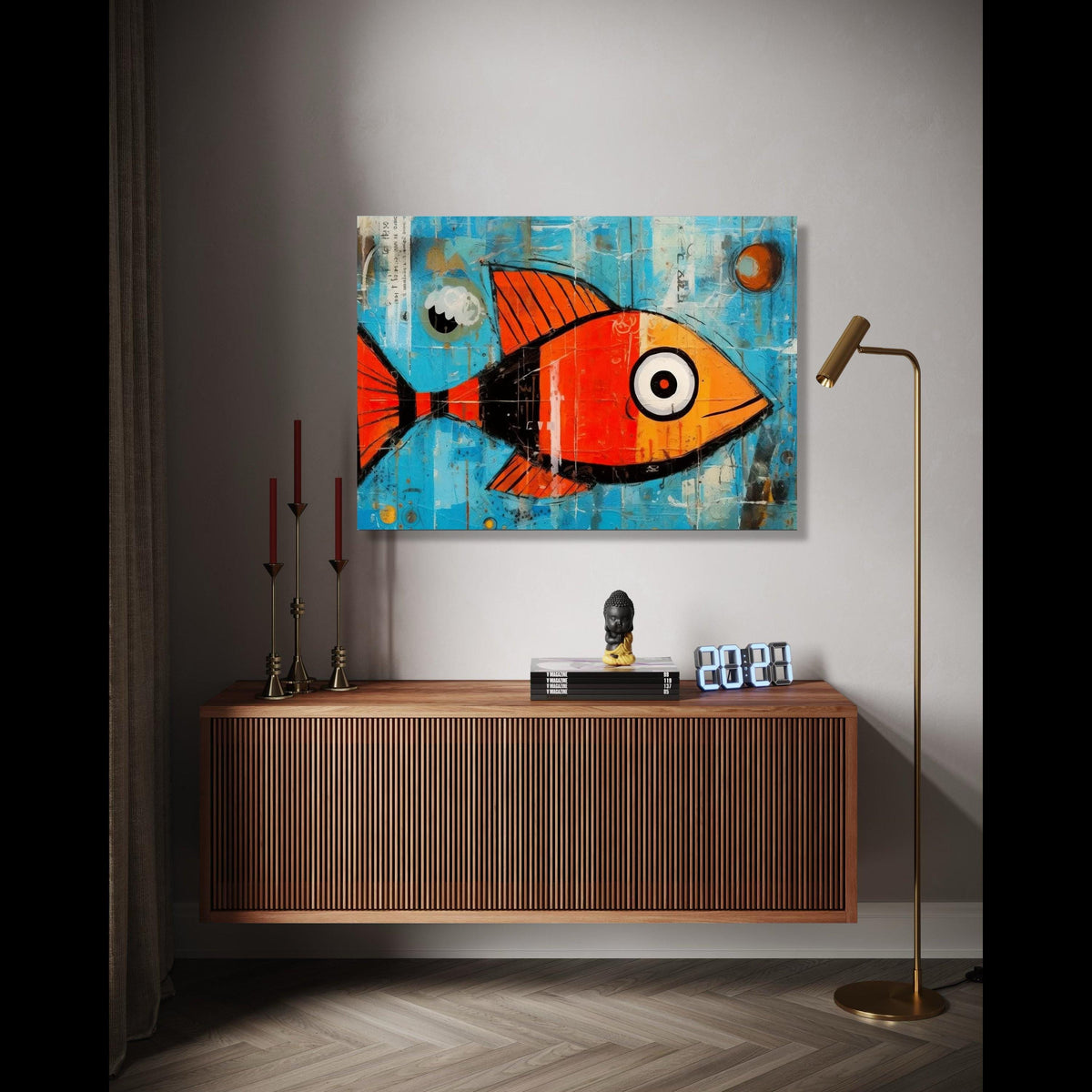 Bright Orange Fish Canvas, Abstract Ocean Wall Art, Modern Marine Life Painting, Colorful Fish Illustration, Gift Art, Home Decor, Print