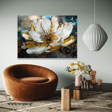 Elegant White and Gold Floral Canvas Wall Art, Luxury Bloom Art Print, Modern Flower Decoration, Metallic Accent Gift Art, Home Decor, Print