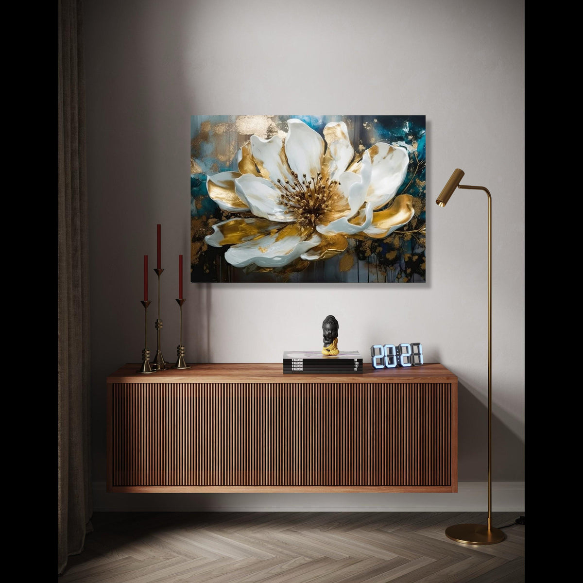 Elegant White and Gold Floral Canvas Wall Art, Luxury Bloom Art Print, Modern Flower Decoration, Metallic Accent Gift Art, Home Decor, Print