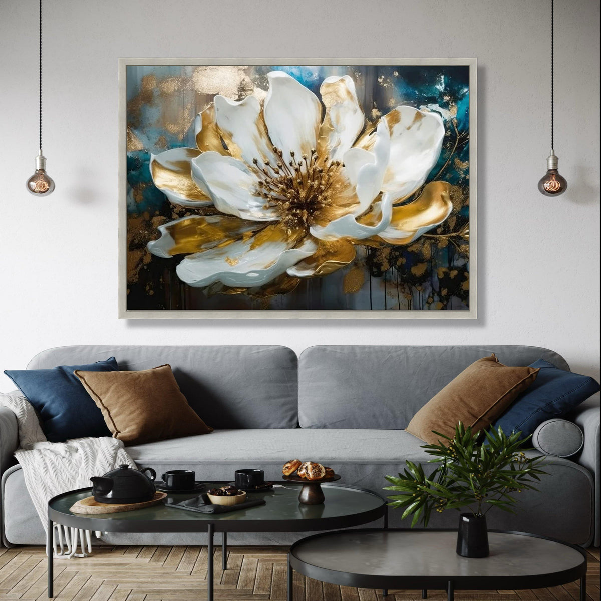 Elegant White and Gold Floral Canvas Wall Art, Luxury Bloom Art Print, Modern Flower Decoration, Metallic Accent Gift Art, Home Decor, Print