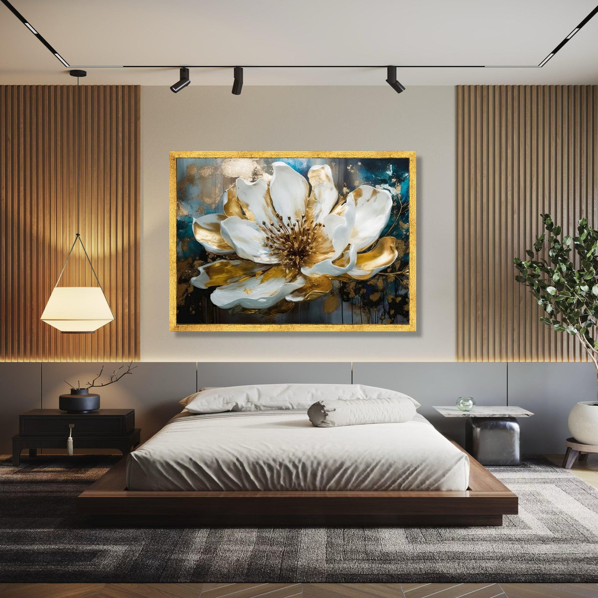 Elegant White and Gold Floral Canvas Wall Art, Luxury Bloom Art Print, Modern Flower Decoration, Metallic Accent Gift Art, Home Decor, Print