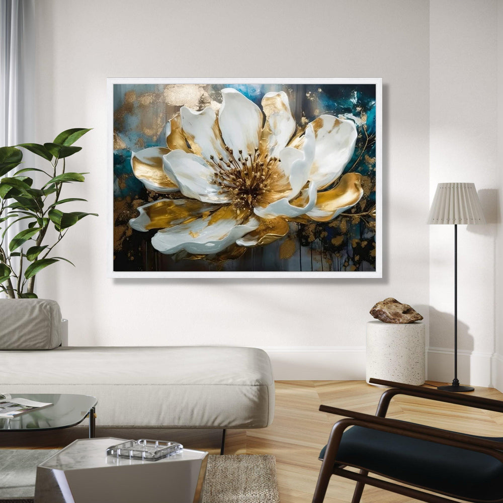 Elegant White and Gold Floral Canvas Wall Art, Luxury Bloom Art Print, Modern Flower Decoration, Metallic Accent Gift Art, Home Decor, Print