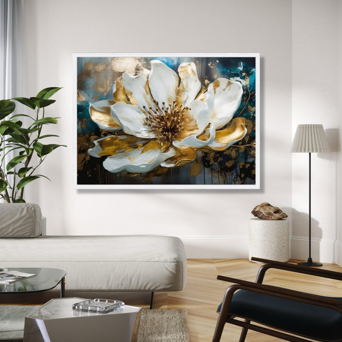 Elegant White and Gold Floral Canvas Wall Art, Luxury Bloom Art Print, Modern Flower Decoration, Metallic Accent Gift Art, Home Decor, Print