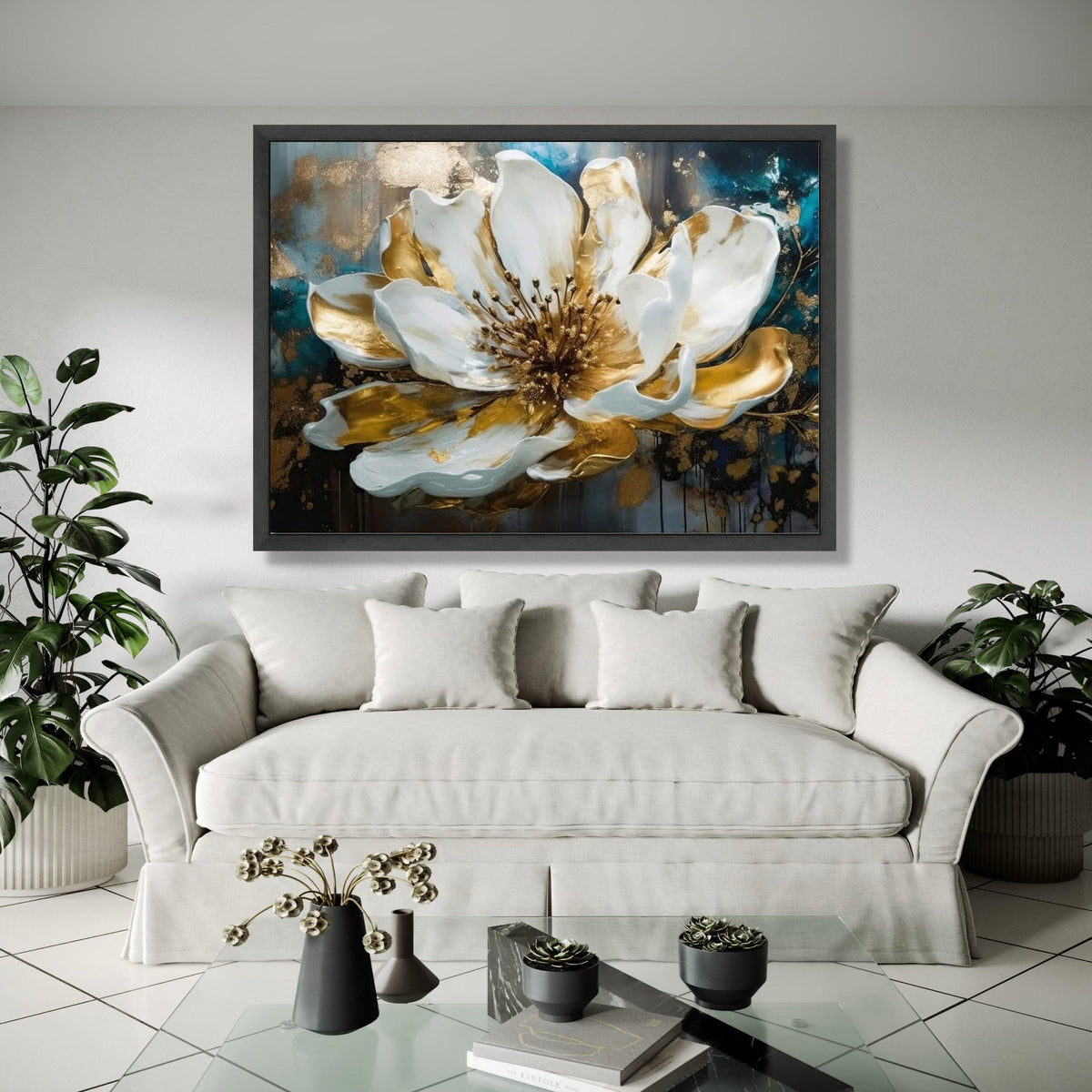 Elegant White and Gold Floral Canvas Wall Art, Luxury Bloom Art Print, Modern Flower Decoration, Metallic Accent Gift Art, Home Decor, Print