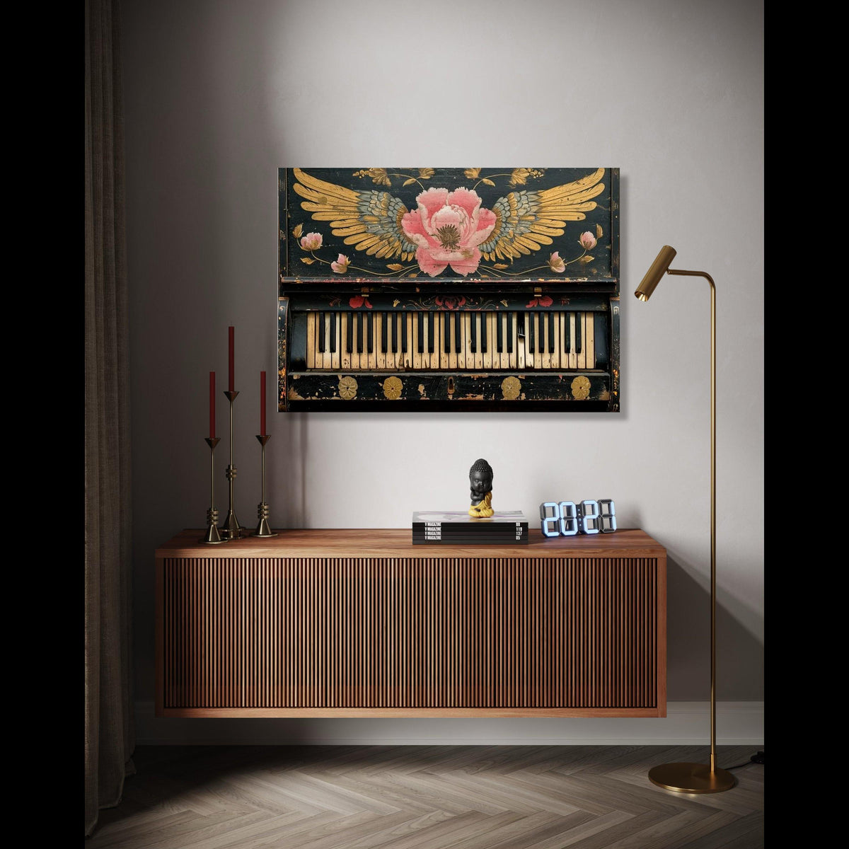 Vintage Piano Keys Canvas Wall Art, Floral Winged Rose Design, Antique Music Instrument Decor, Rustic Home Wall Gift Art, Home Decor, Print