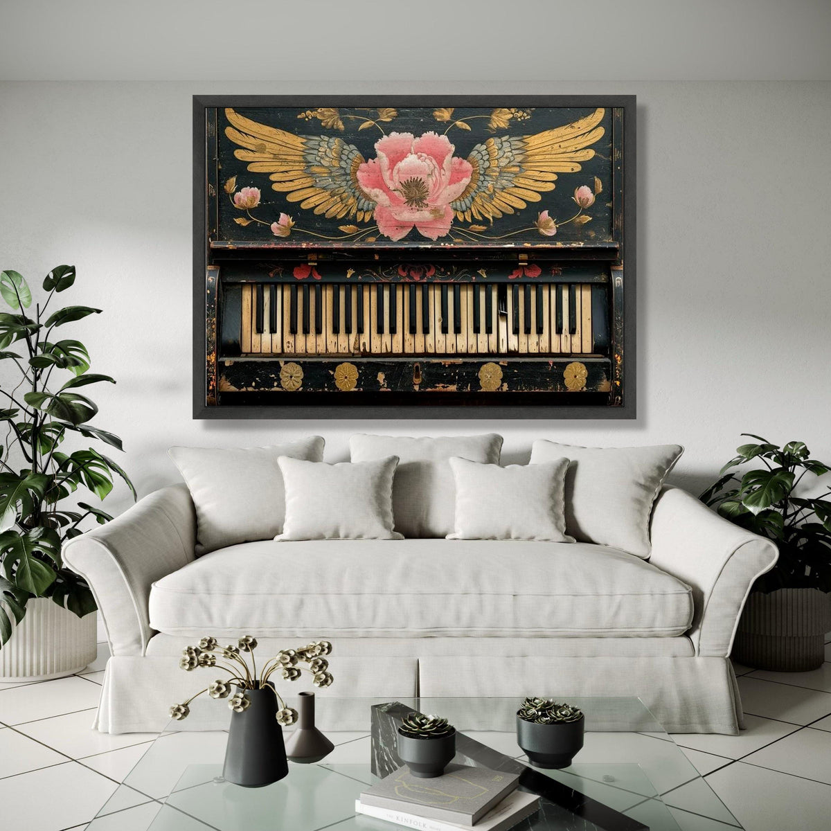 Vintage Piano Keys Canvas Wall Art, Floral Winged Rose Design, Antique Music Instrument Decor, Rustic Home Wall Gift Art, Home Decor, Print