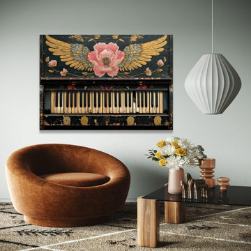 Vintage Piano Keys Canvas Wall Art, Floral Winged Rose Design, Antique Music Instrument Decor, Rustic Home Wall Gift Art, Home Decor, Print