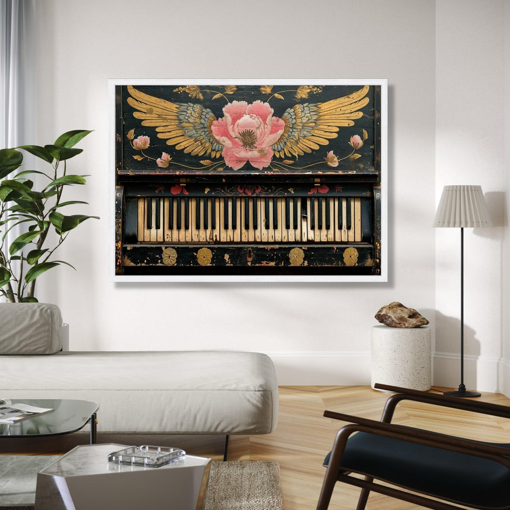 Vintage Piano Keys Canvas Wall Art, Floral Winged Rose Design, Antique Music Instrument Decor, Rustic Home Wall Gift Art, Home Decor, Print