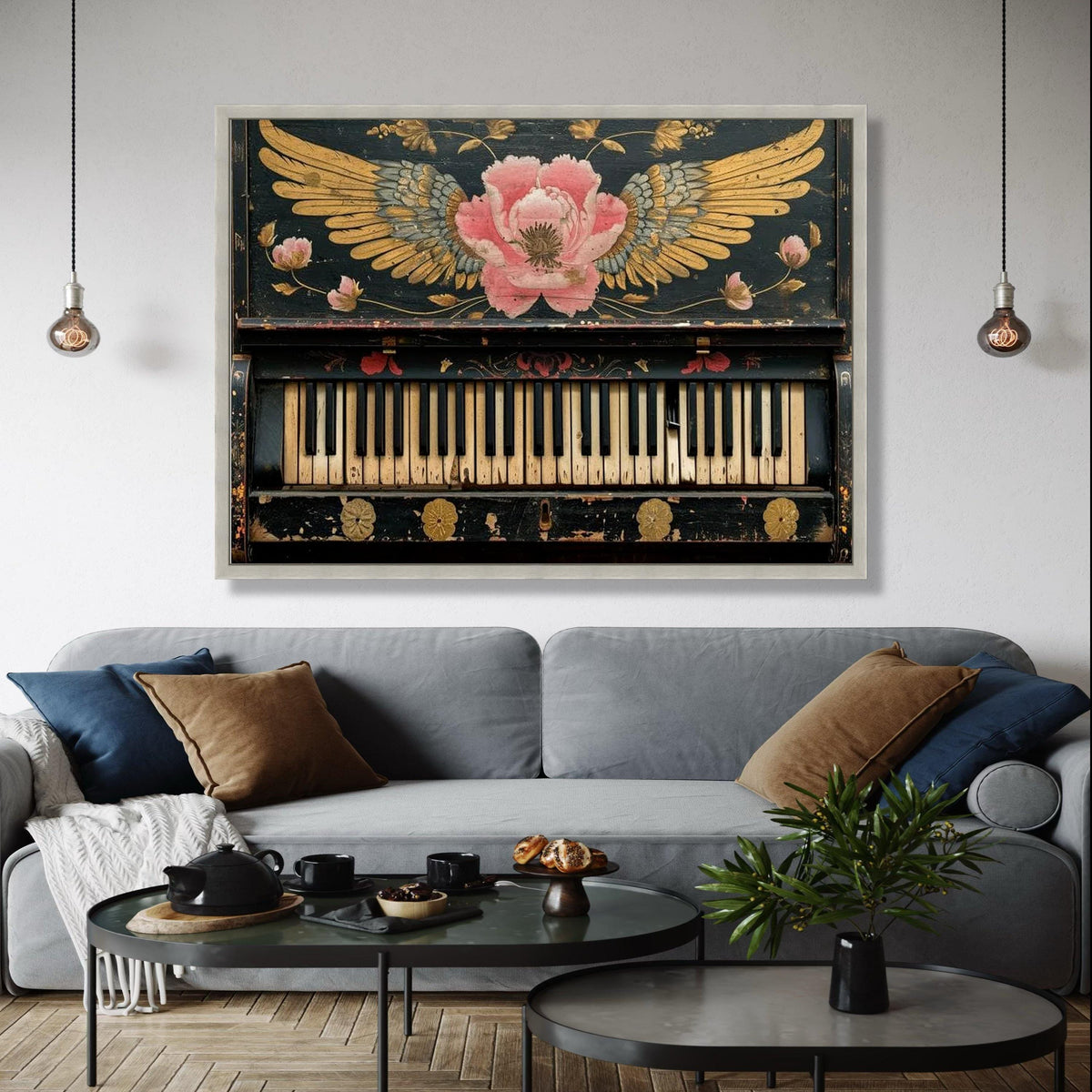 Vintage Piano Keys Canvas Wall Art, Floral Winged Rose Design, Antique Music Instrument Decor, Rustic Home Wall Gift Art, Home Decor, Print