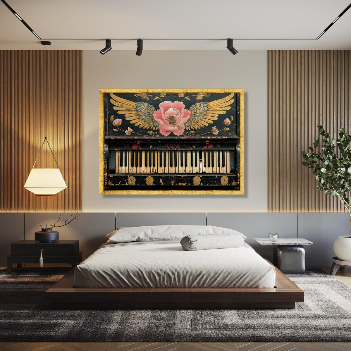 Vintage Piano Keys Canvas Wall Art, Floral Winged Rose Design, Antique Music Instrument Decor, Rustic Home Wall Gift Art, Home Decor, Print