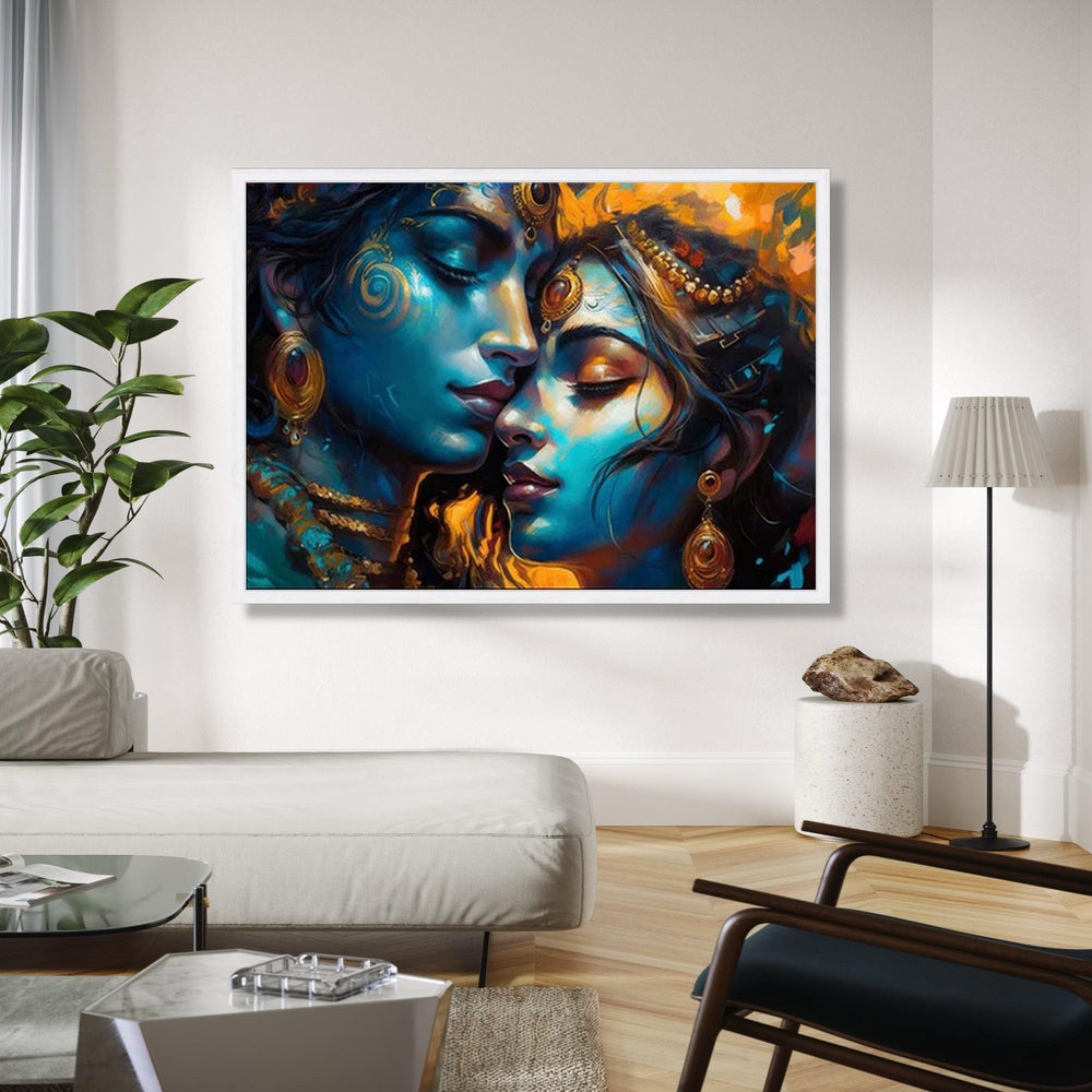 Spiritual Romance Canvas Art, Krishna Radha Wall Decor, Indian Mythology Canvas, Blue and Gold Abstract Gift Art, Home Decor, Print