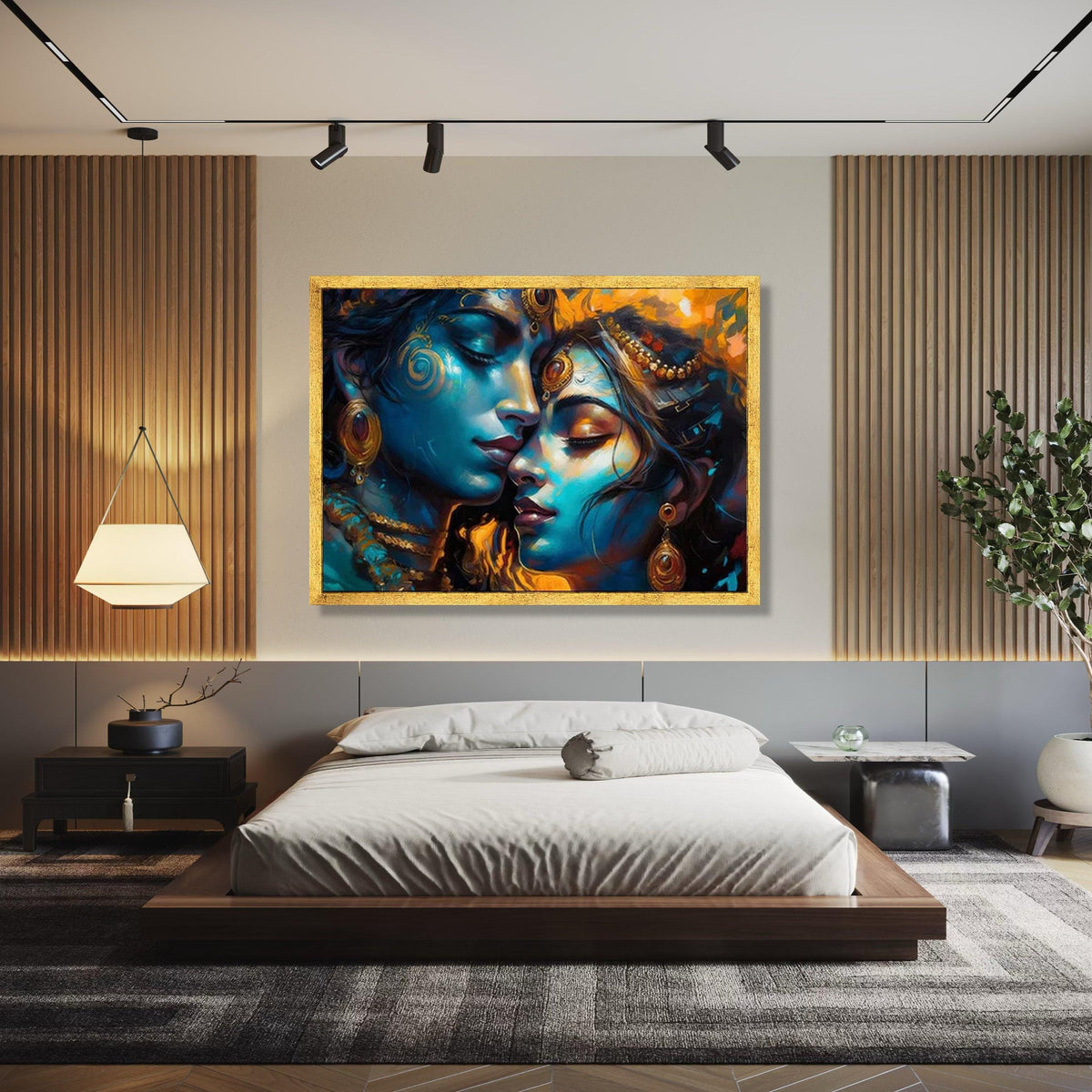 Spiritual Romance Canvas Art, Krishna Radha Wall Decor, Indian Mythology Canvas, Blue and Gold Abstract Gift Art, Home Decor, Print