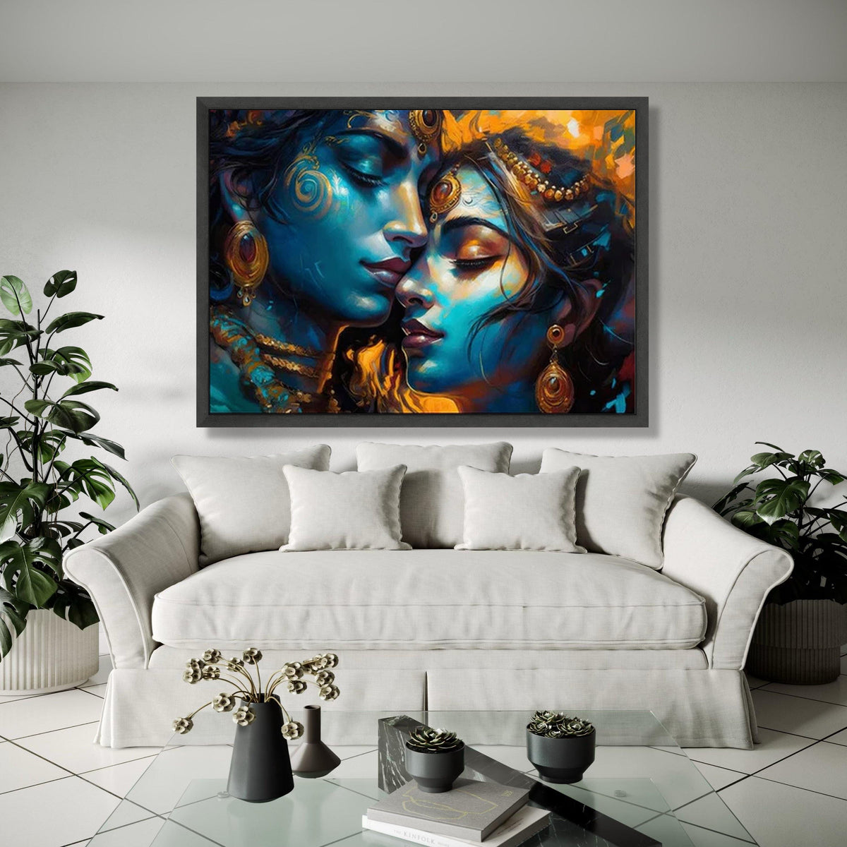 Spiritual Romance Canvas Art, Krishna Radha Wall Decor, Indian Mythology Canvas, Blue and Gold Abstract Gift Art, Home Decor, Print