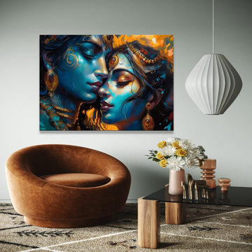 Spiritual Romance Canvas Art, Krishna Radha Wall Decor, Indian Mythology Canvas, Blue and Gold Abstract Gift Art, Home Decor, Print