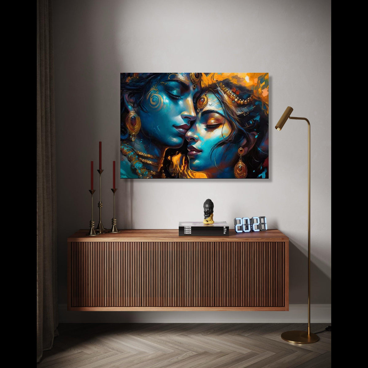 Spiritual Romance Canvas Art, Krishna Radha Wall Decor, Indian Mythology Canvas, Blue and Gold Abstract Gift Art, Home Decor, Print