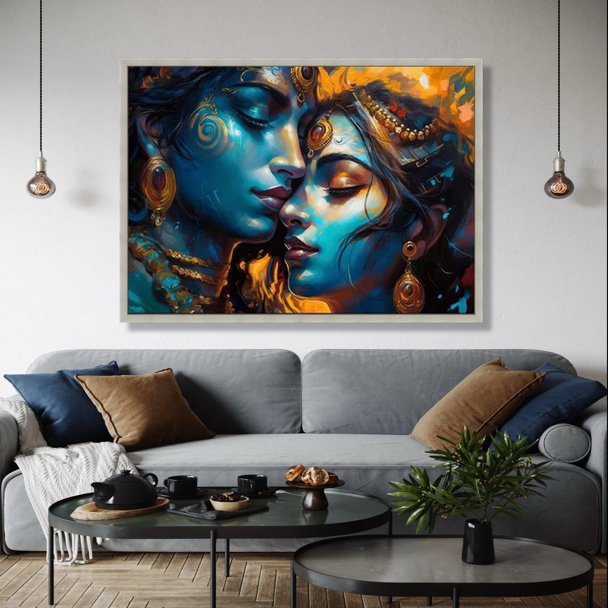 Spiritual Romance Canvas Art, Krishna Radha Wall Decor, Indian Mythology Canvas, Blue and Gold Abstract Gift Art, Home Decor, Print