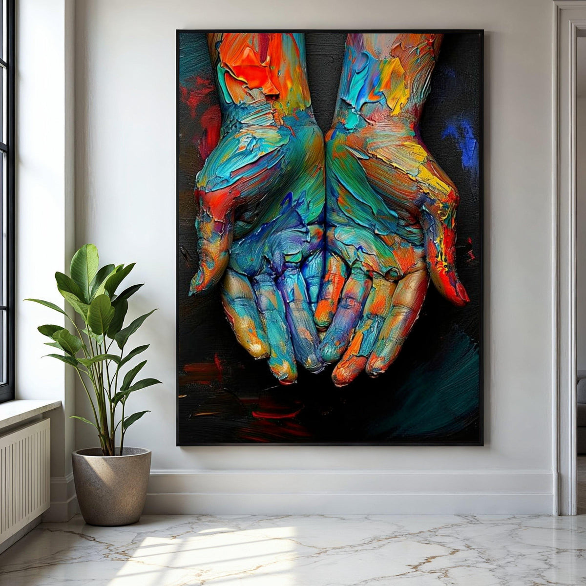 Colorful Painted Hands Canvas, Abstract Art Print, Vibrant Wall Art, Creative Expression Canvas, Modern Home Gift Art, Home Decor, Print