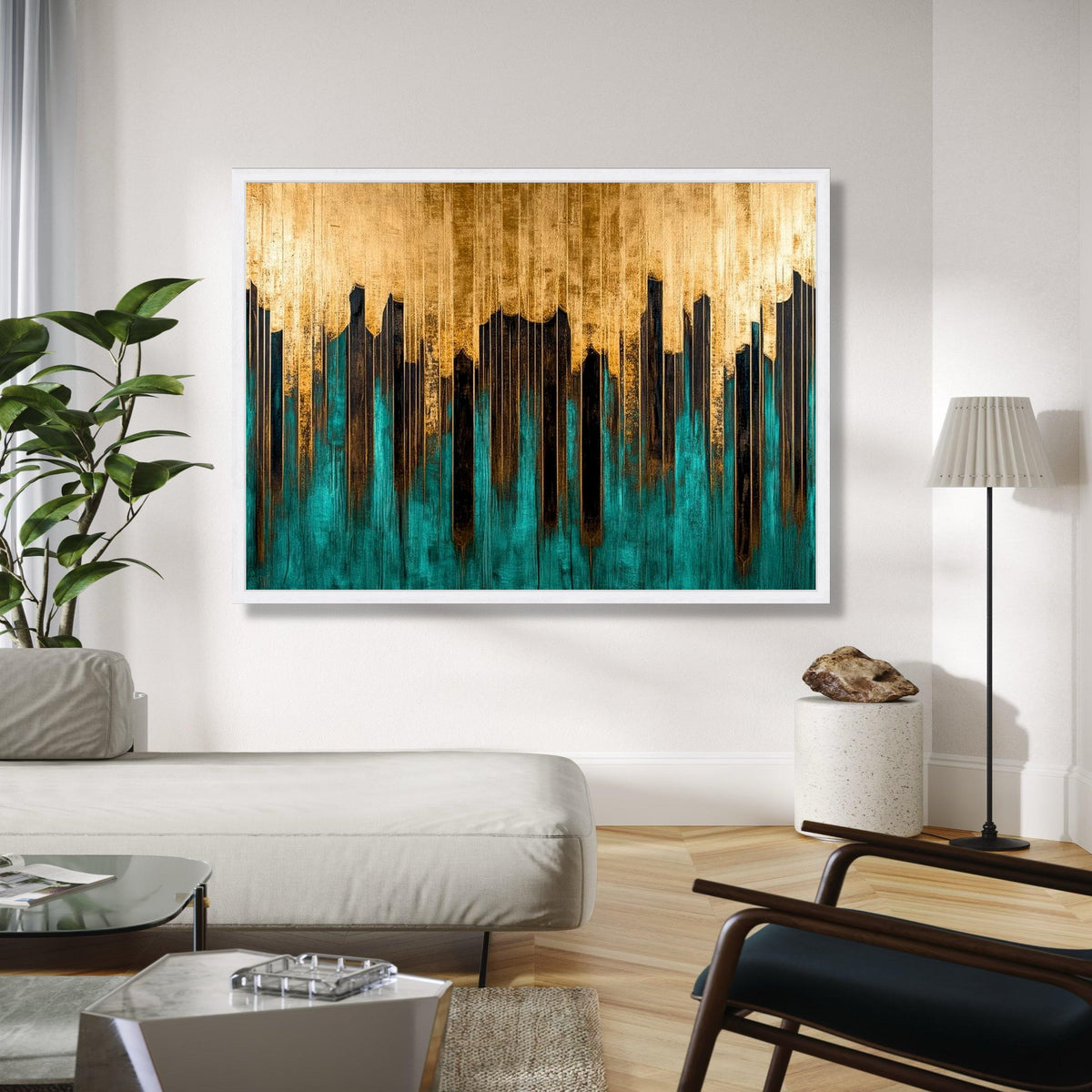 Modern Abstract Skyline Canvas, Gold and Teal Wall Art, Urban Cityscape Design, Contemporary Home Decor, Ready Gift Art, Home Decor, Print