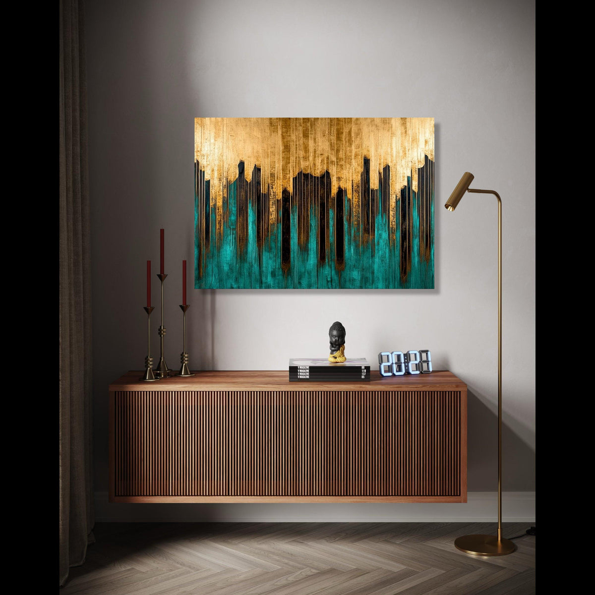 Modern Abstract Skyline Canvas, Gold and Teal Wall Art, Urban Cityscape Design, Contemporary Home Decor, Ready Gift Art, Home Decor, Print