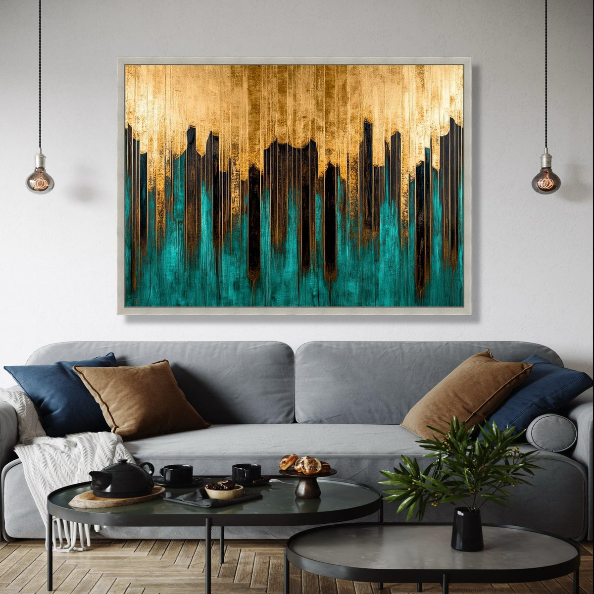Modern Abstract Skyline Canvas, Gold and Teal Wall Art, Urban Cityscape Design, Contemporary Home Decor, Ready Gift Art, Home Decor, Print