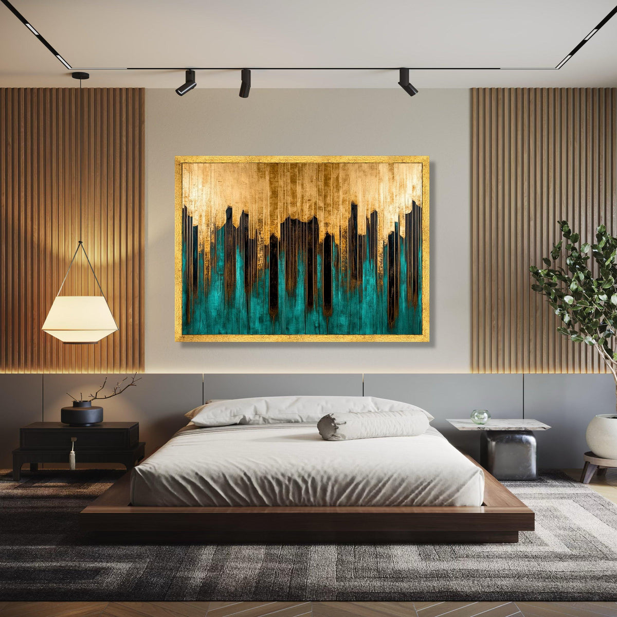 Modern Abstract Skyline Canvas, Gold and Teal Wall Art, Urban Cityscape Design, Contemporary Home Decor, Ready Gift Art, Home Decor, Print