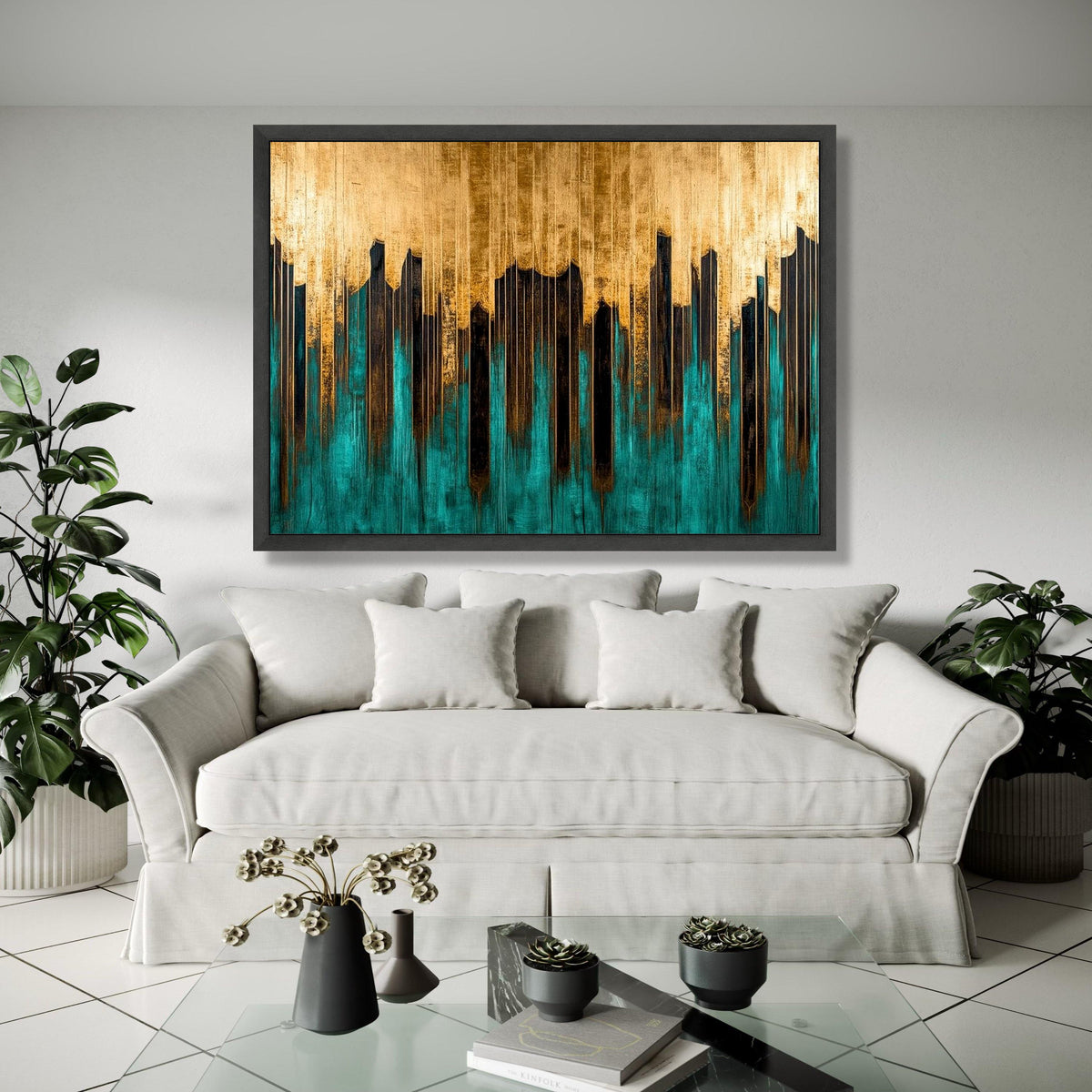 Modern Abstract Skyline Canvas, Gold and Teal Wall Art, Urban Cityscape Design, Contemporary Home Decor, Ready Gift Art, Home Decor, Print