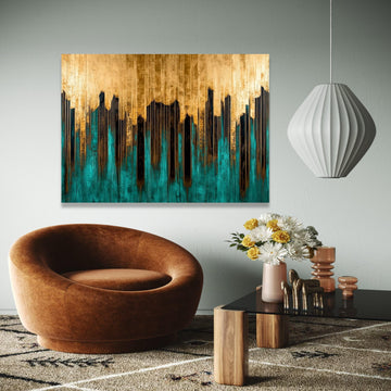 Modern Abstract Skyline Canvas, Gold and Teal Wall Art, Urban Cityscape Design, Contemporary Home Decor, Ready Gift Art, Home Decor, Print