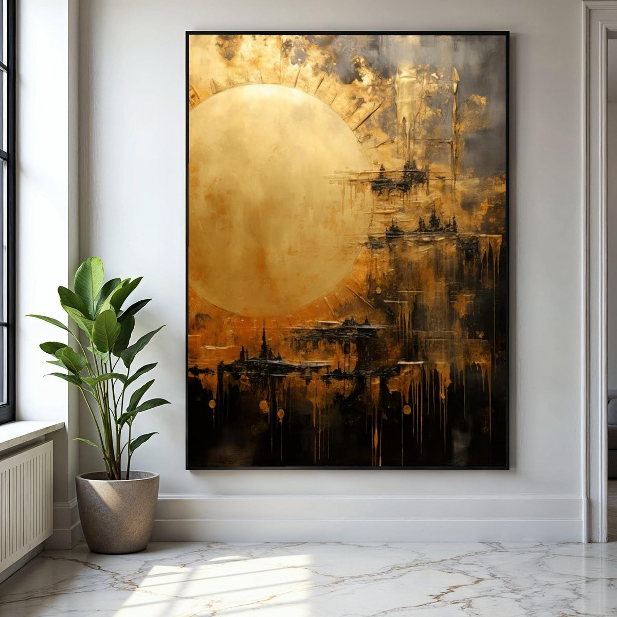 Abstract Golden Sun Canvas, Modern Wall Art, Metallic Gold Accent, Contemporary Home Decoration, Large Canvas Gift Art, Home Decor, Print