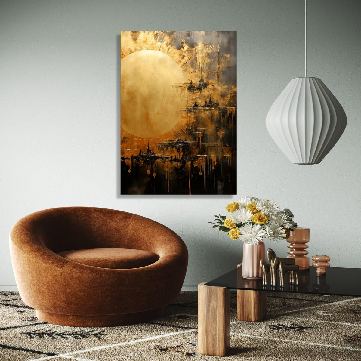 Abstract Golden Sun Canvas, Modern Wall Art, Metallic Gold Accent, Contemporary Home Decoration, Large Canvas Gift Art, Home Decor, Print