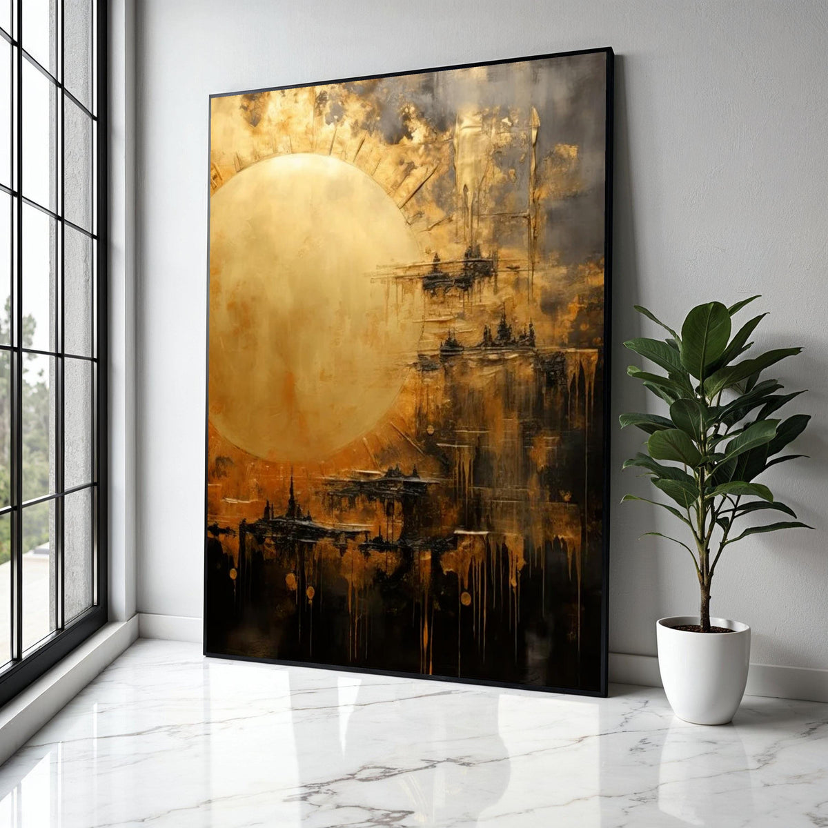 Abstract Golden Sun Canvas, Modern Wall Art, Metallic Gold Accent, Contemporary Home Decoration, Large Canvas Gift Art, Home Decor, Print