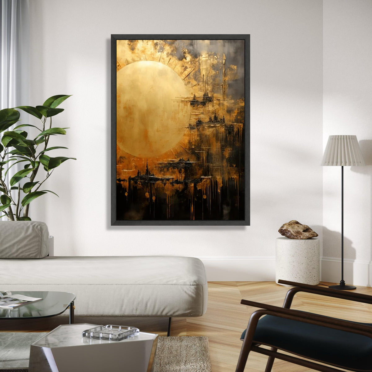Abstract Golden Sun Canvas, Modern Wall Art, Metallic Gold Accent, Contemporary Home Decoration, Large Canvas Gift Art, Home Decor, Print