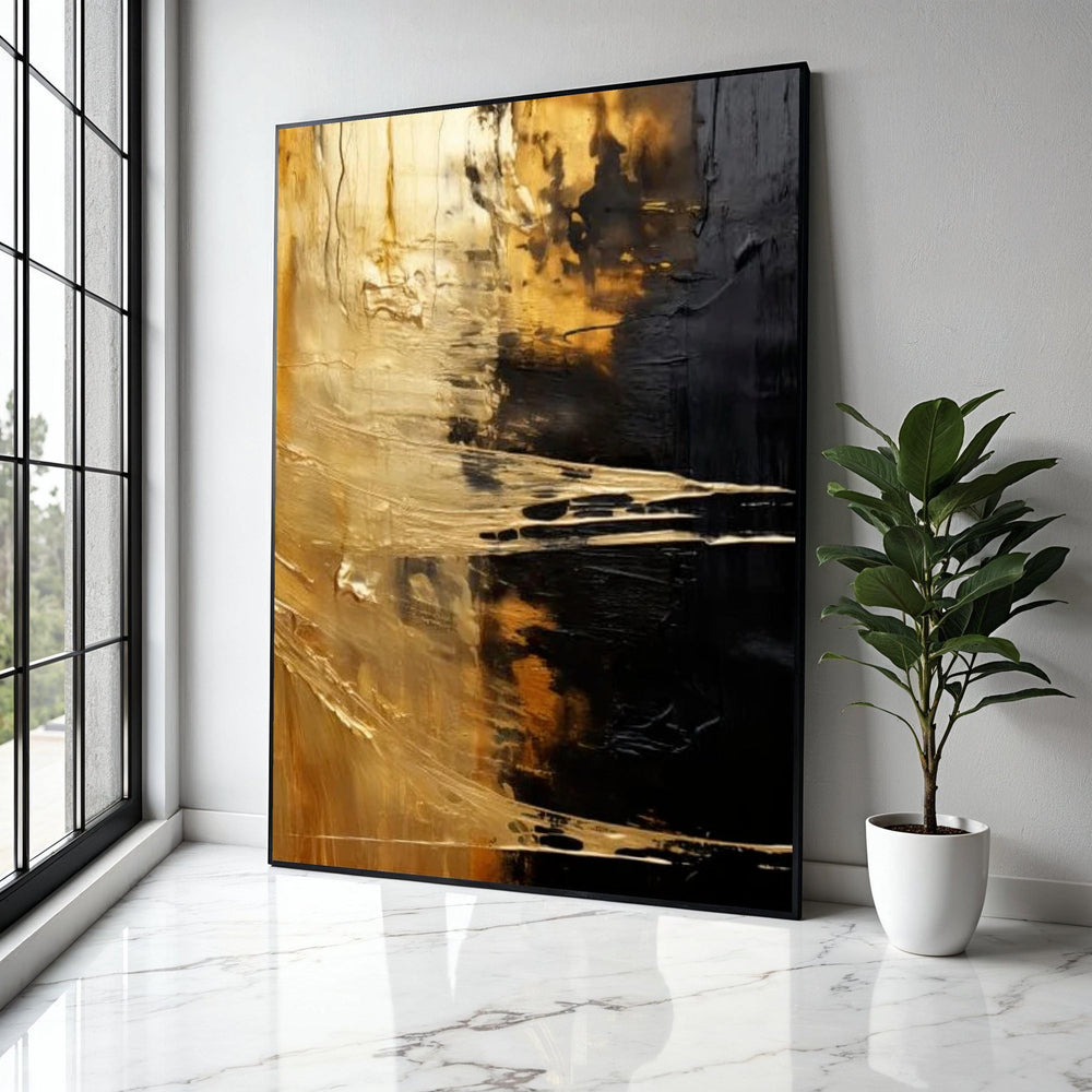 Golden Abstract Canvas, Modern Black and Gold Wall Art, Metallic Effect Canvas Decoration, Contemporary Art for Gift Art, Home Decor, Print