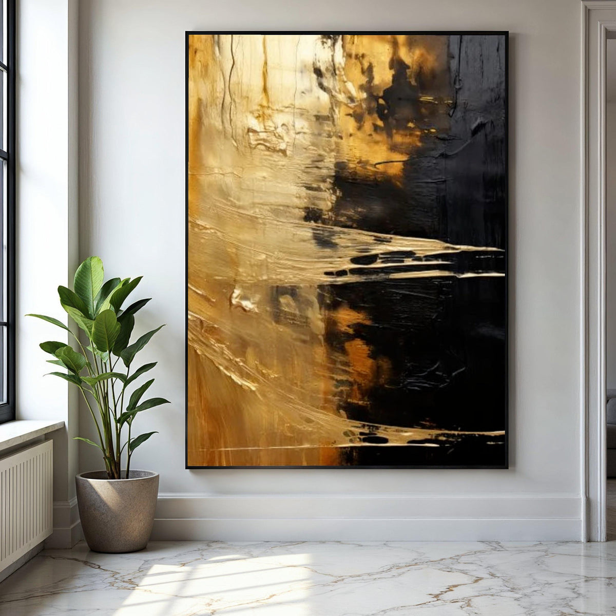 Golden Abstract Canvas, Modern Black and Gold Wall Art, Metallic Effect Canvas Decoration, Contemporary Art for Gift Art, Home Decor, Print