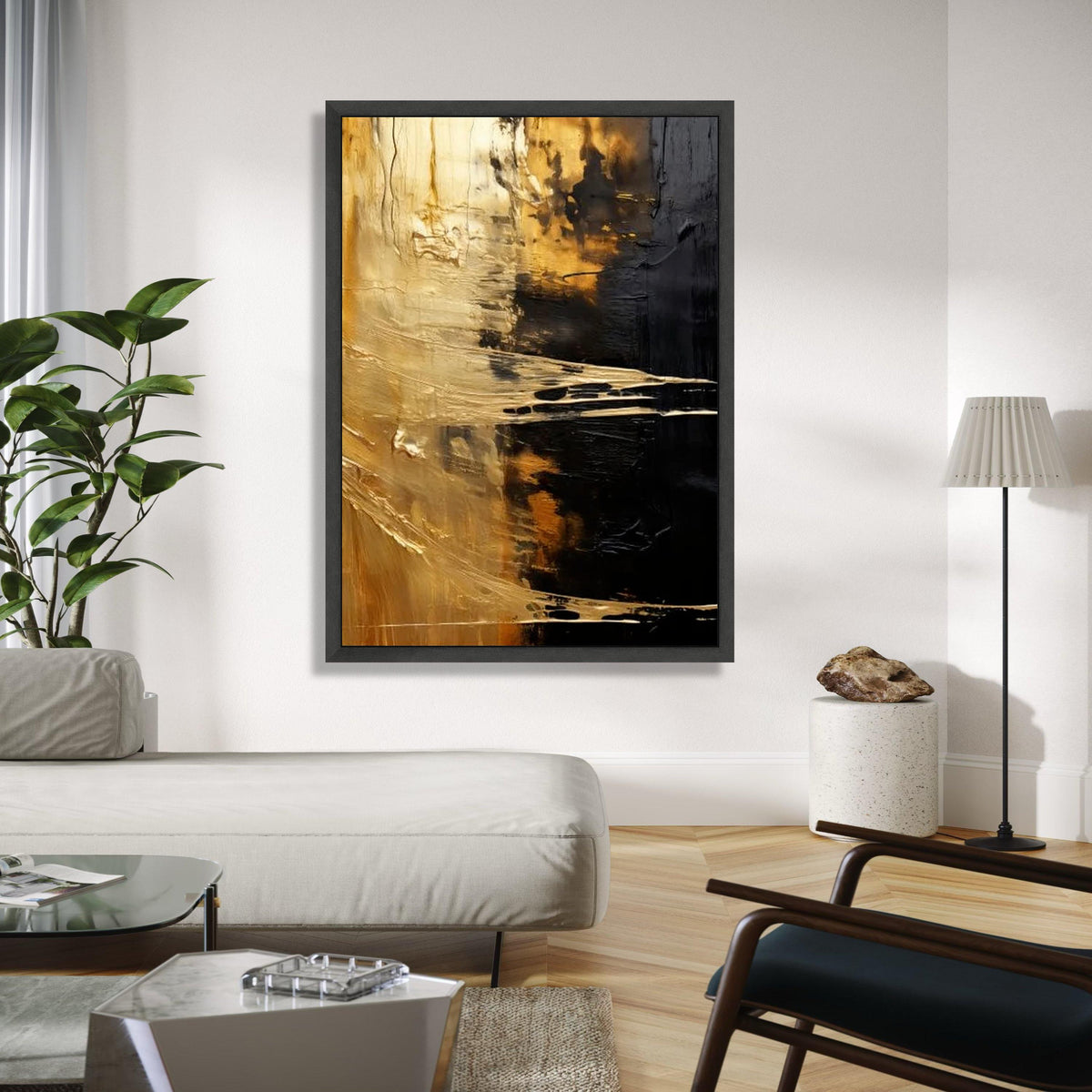 Golden Abstract Canvas, Modern Black and Gold Wall Art, Metallic Effect Canvas Decoration, Contemporary Art for Gift Art, Home Decor, Print